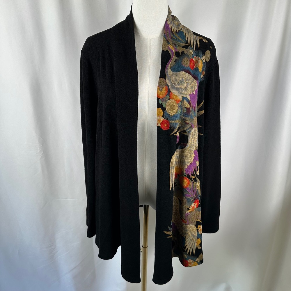 Soft Surroundings Cardigan Womens 3X Black Crane Floral Crepe Open Front Kimono